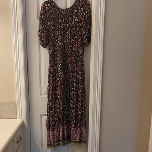 DownEast Floral Puff-Sleeve Maxi Dress in Black with Pink & White Accents